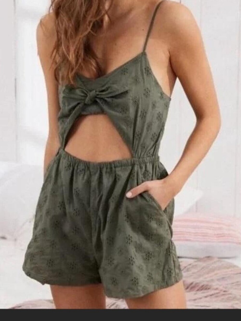 Size Large aerie Olive Green Smocked Eylet Romper